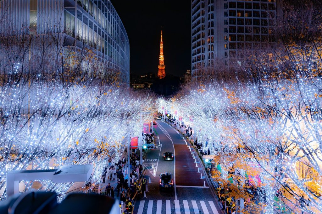 Tokyo street in winter with tall buildings and city traffic